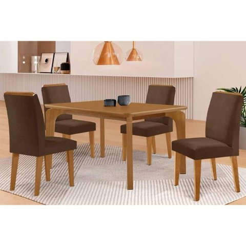 Sala de Jantar Completa Londrina C/ Tampo Madeirado C/ Vidro Canto Curvo 120x80cm 4 Cadeiras Dakota