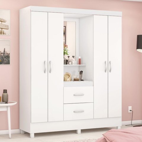 Guarda Roupa Solteiro 4 Portas com Espelho e 2 Gavetas Loanda Branco-rosa-branco