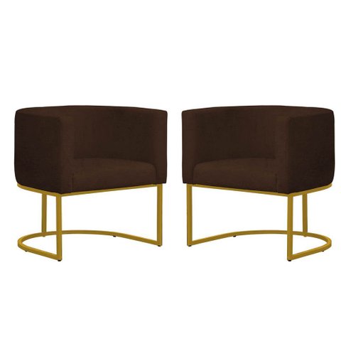 Kit 2 Poltronas Reforçada Decorativa Sala Estar Jantar Gabriela Base Ferro Dourado Suede Marrom