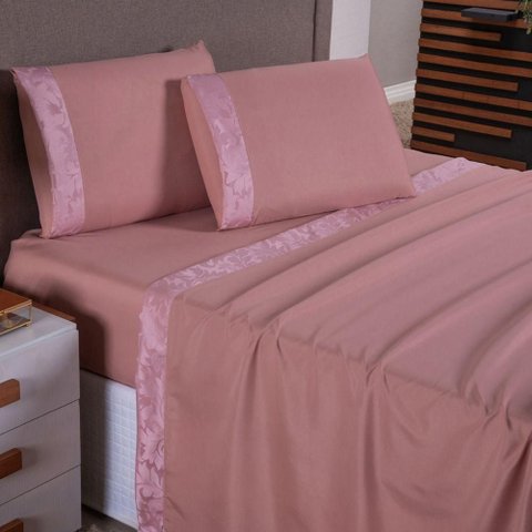 Jogo de Lençol Zurique Casal 4 Peças Micro Percal 400 Fios Friso Decorativo - Rose