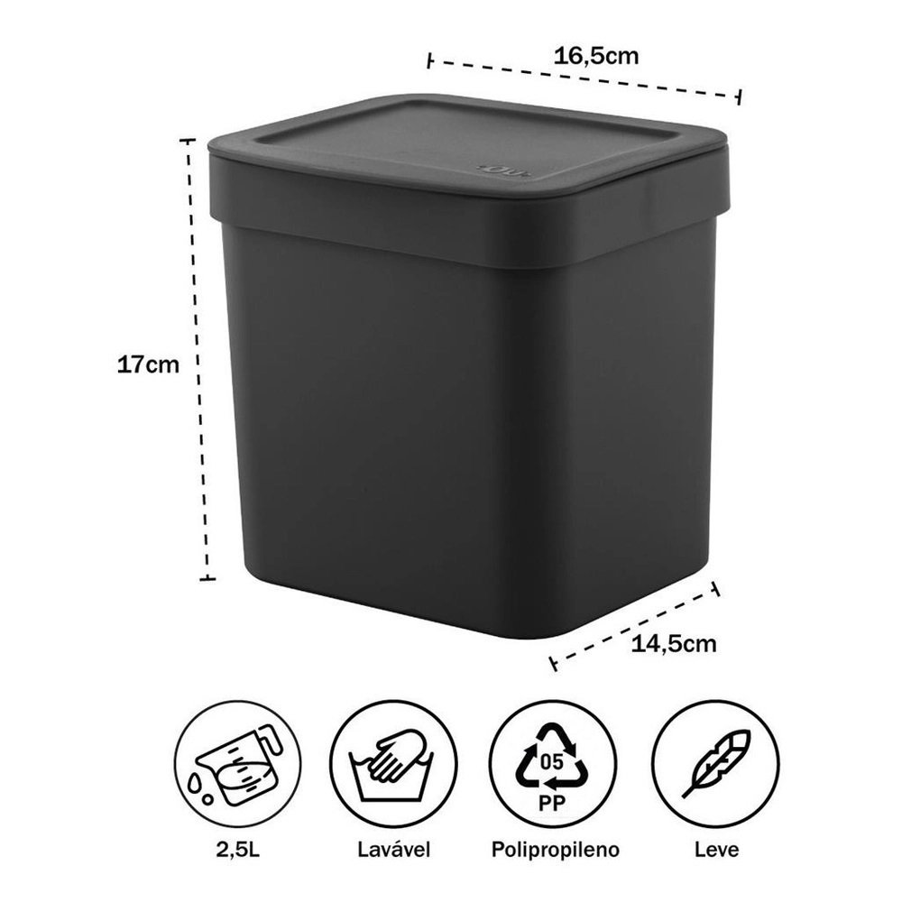 Lixeira Plástica Trium 2,5l Lx500 ou - Preto - 17x14,5x16cm - 3