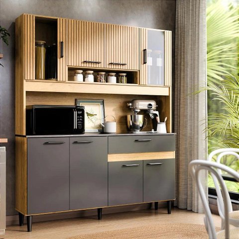 Kit Cozinha Coral 8 Portas Damasco Ripado/cinza
