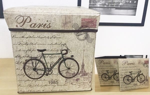 Puf Baú Estampa Paris Bicicleta