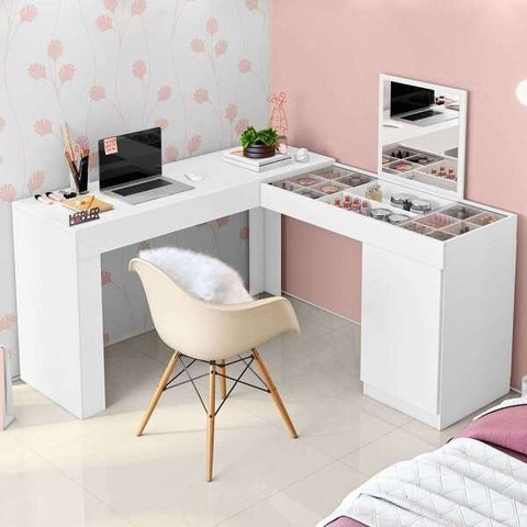 Escrivaninha em L com Penteadeira Star Princesa Branca - Mobler - Babyroom