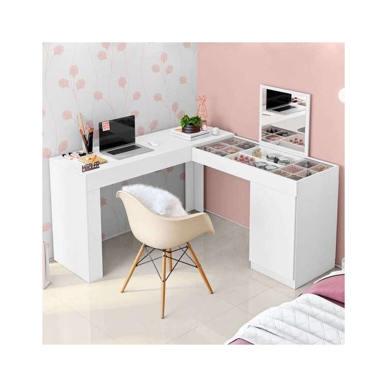 Escrivaninha em L com Penteadeira Star Princesa Branca - Mobler - Babyroom