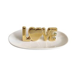 PORTA ANEIS CERAMICA LOVE GOLD BRANCO 13x7,5x3,5cm - 1