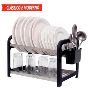 Escorredor 16 Pratos Inox Preto com Porta Talheres