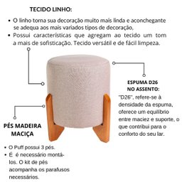 Puff Decorativo Redondo com Pés de Madeira Maciça Linho Piave - 4