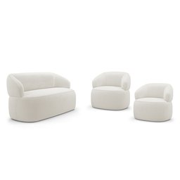 Kit 02 Poltronas Giratória e 01 Sofá Orgânico Glee 02 Lugares 140cm Bouclê Off White - Abmaza - 1