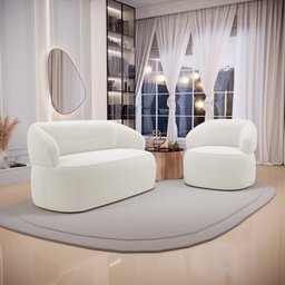 Kit 02 Poltronas Giratória e 01 Sofá Orgânico Glee 02 Lugares 140cm Bouclê Off White - Abmaza - 2