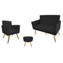 Ver imagem 1 de Kit Namoradeira + 1 Poltrona Decorativa Nina + Puff Redondo Suede Preto Pés Madeira Mz Decor