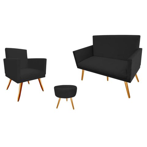 Kit Namoradeira + 1 Poltrona Decorativa Nina + Puff Redondo Suede Preto Pés Madeira Mz Decor