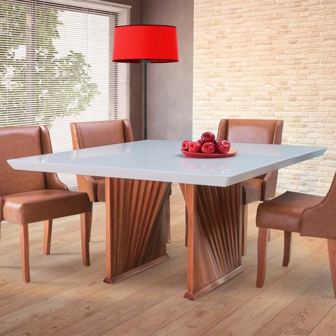 Mesa Jantar Base Madeira Maciça Quadrada 150 cm Tampo com Vidro Mesa Moderna Madeira