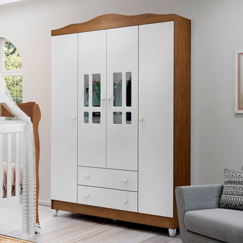 Guarda-Roupa de Bebê 4 Portas 2 Gavetas Ariel Marrom/Branco/Bétula