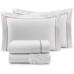 Jogo De Lençol Glass Casal 4Pçs 200 Fios 100% Algodão Branco/Vermelho - 1