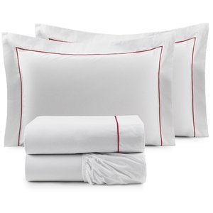 Jogo De Lençol Glass Casal 4Pçs 200 Fios 100% Algodão Branco/Vermelho