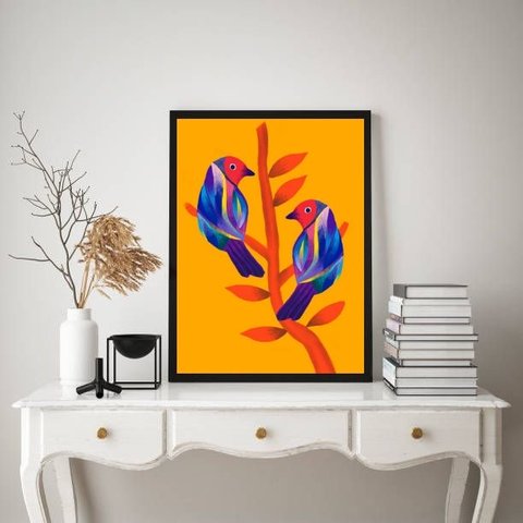 Quadro Decorativo Araras Tropical 45x34cm - com Vidro:madeira Preta