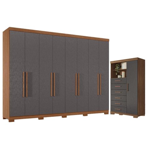 Guarda Roupa Casal 8 Portas 4 Gavetas Master New com Pés e Cômoda Marabá com Pés Jatobá Grafite Acet