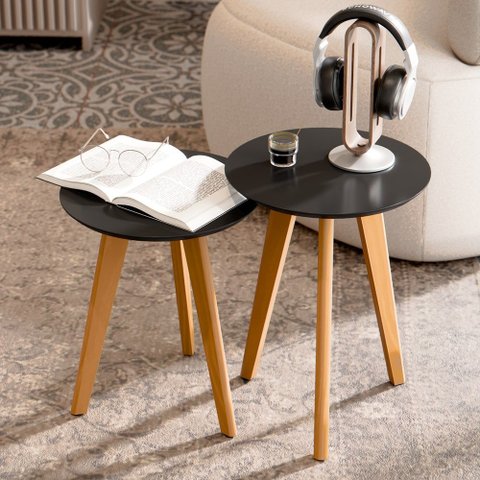 Conjunto 2 Mesas Lateral e Apoio Maju com Pés em Formato Palito - Preto