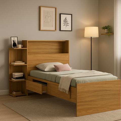 Cama Isa Solteiro Nature de Mdf com Baú e Nichos para Quarto Estilo Moderno
