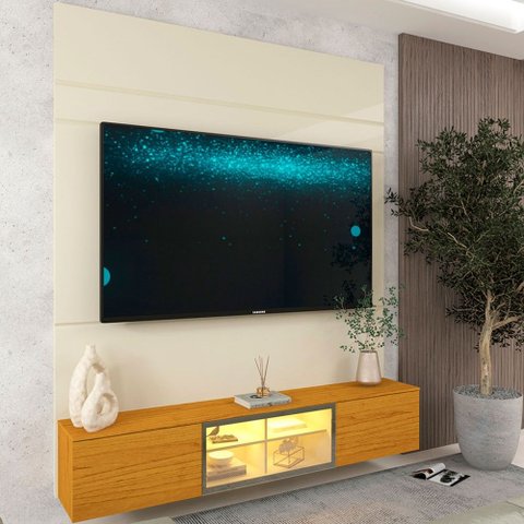 Painel para TV até 65 Polegadas Luminare 3 Portas com Vidro Reflecta e LED 100% MDF Off White/Natura