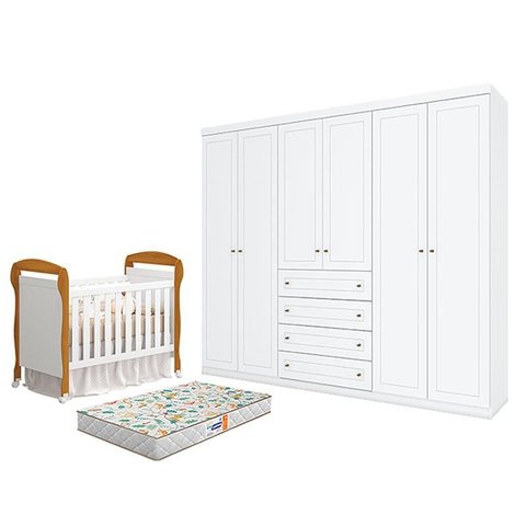 Berço Americano Danny Branco Acetinado Savana Reller e Guarda Roupa Casal Americano 6 portas Branco 