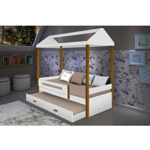 Cama Montessoriana Infantil Sara Solteiro Com Cama Auxiliar e Grade Proteção - Branco/amêndoa