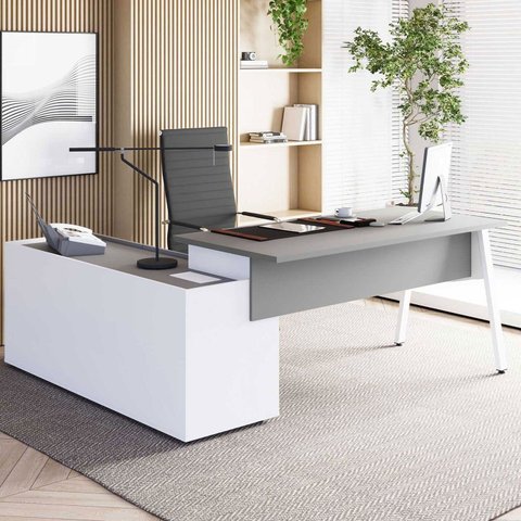 Mesa L Diretor Escritório com Armário Lateral 3 Gavetas 200cm Industrial Tampo Cavado e Pés Metal Ex