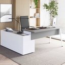 Ver imagem 1 de Mesa L Diretor Escritório com Armário Lateral 3 Gavetas 200cm Industrial Tampo Cavado e Pés Metal Ex