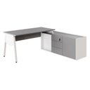 Ver imagem 2 de Mesa L Diretor Escritório com Armário Lateral 3 Gavetas 200cm Industrial Tampo Cavado e Pés Metal Executive Cinza Sagrado E Branco