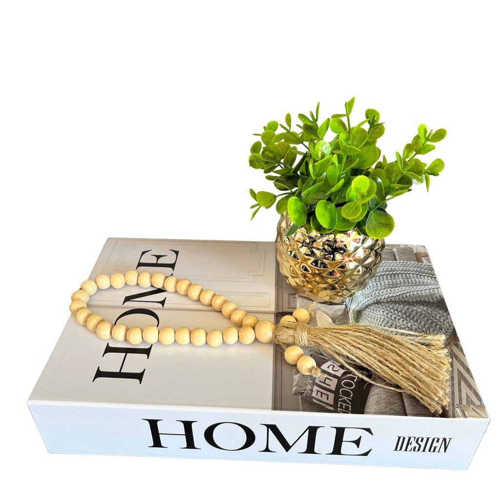 Decoração livro caixa + vaso abacaxi dourado + colar de mesa