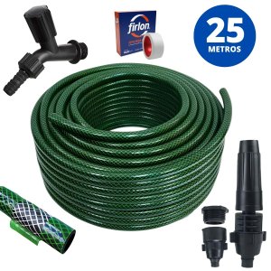 Mangueira De Jardim 25m Metros Reforçada Trançada + Torneira + Fita Veda Rosca | Ledmang