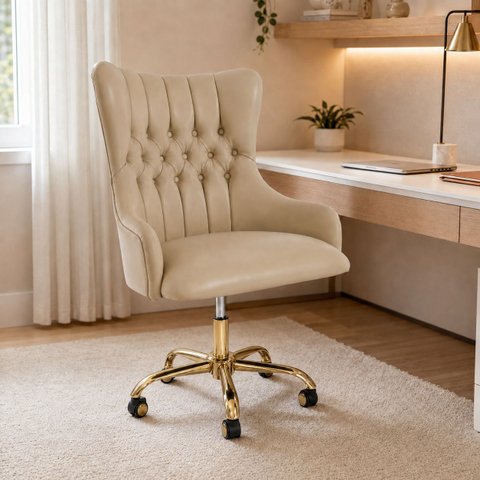 Cadeira Poltrona Home Office Helena Capitonê Base com Rodinhas Dourada