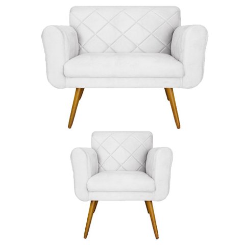Conjunto Namoradeira e 1 Poltrona Isabella Sala de Estar Suede Branco - LM DECOR