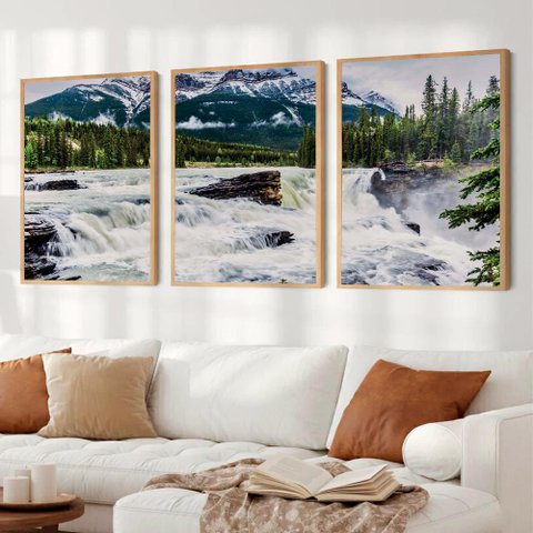 Kit Quadro Decorativo 3 Telas a Cachoeira Tacolado Moldura Caixa 3cm Madeira sem Vidro 80 X 120cm