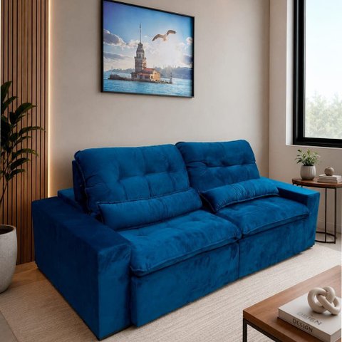 Sofá Retrátil Premium 2,90m Molas Ensacadas Veludo Azul Conforto Superior Máximo