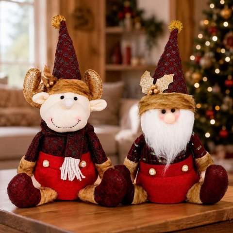 Enfeite Natalino Boneco Sentado Papai Noel e Rena 40cm