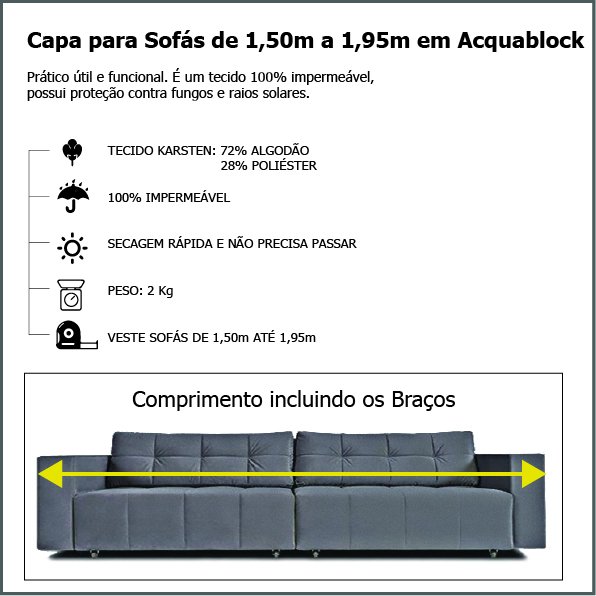 Capa para Sofá Retrátil e Reclinável em Acquablock Impermeável - Veste Sofás de 1,50M até 1,95M - Grafit - 3