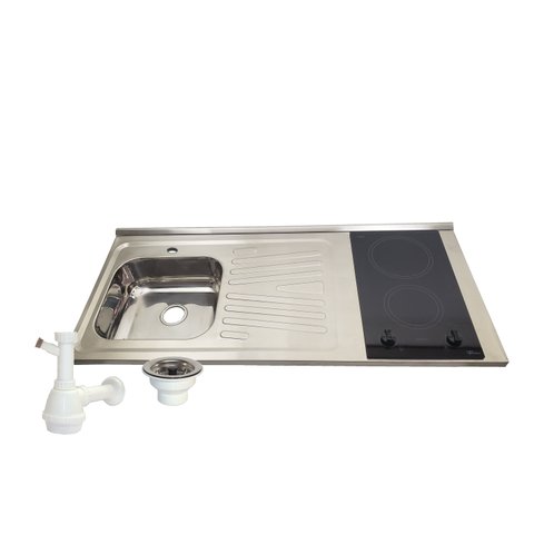 Pia Fogão Elétrico 2 bocas Fabrinox 120x55cm, cuba esquerda, furo para torneira, válvula e sifão