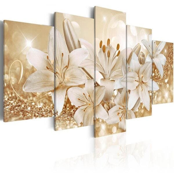 quadros flores lirios com efeito dourados brilhantes 5 peças - 1