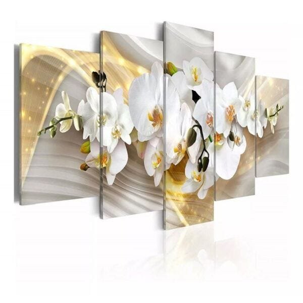 Quadros Decorativos para Sala Orquideas Brancas com Efeito Dourados Brilhantes - 1
