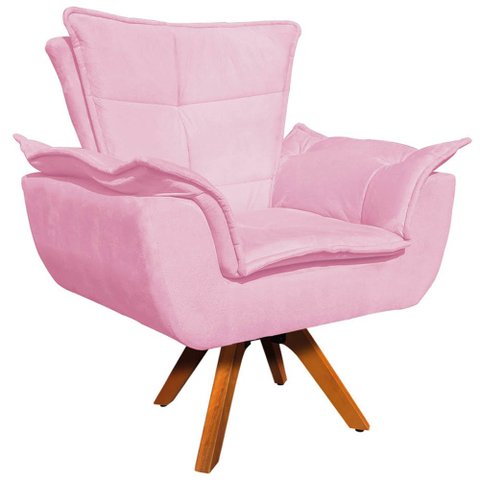 Poltrona Decorativa Base Giratória em Madeira Charger Suede Rosa - Gran Belo