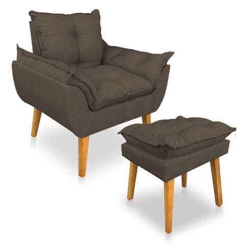 Kit 2 Poltronas Decorativa e Puff Opala Luxo Linho Marrom Dal Poz Estofados
