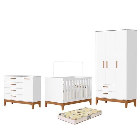Dormitório Infantil Flip Guarda Roupa 3 Portas, Cômoda 1 Porta e Berço Branco Fosco com Colchão