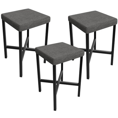 Kit 03 Banquetas Baixa Bar Cozinha Sala de Jantar Preto Stella L02 Linho Cinza Escuro - Lyam Decor
