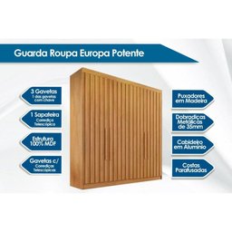 Guarda Roupa Solteiro 4 Portas Ripadas e 3 Gavetas Potente Braúna - Europa - 2