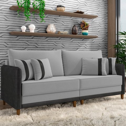 Sofá 3 Lugares Sala de Estar Living 212cm Asbury K01 Veludo Cinza Claro Couríssimo Preto - Lyam