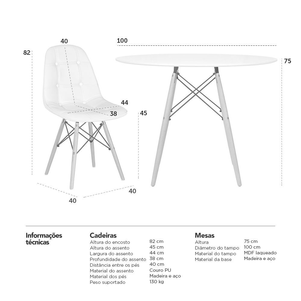 Mesa redonda Eames 100 cm + 4 cadeiras estofadas Eiffel Botonê - 8