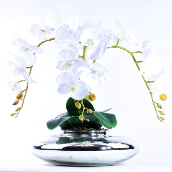 Arranjo de Orquídea Branca Toque Real em Terrário Espelhado - 1