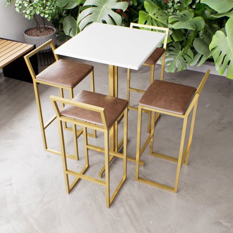 Jogo Mesa Alta Bistrô Quadrada Branca 4 Banquetas Estofado Confort Dourado Don Castro